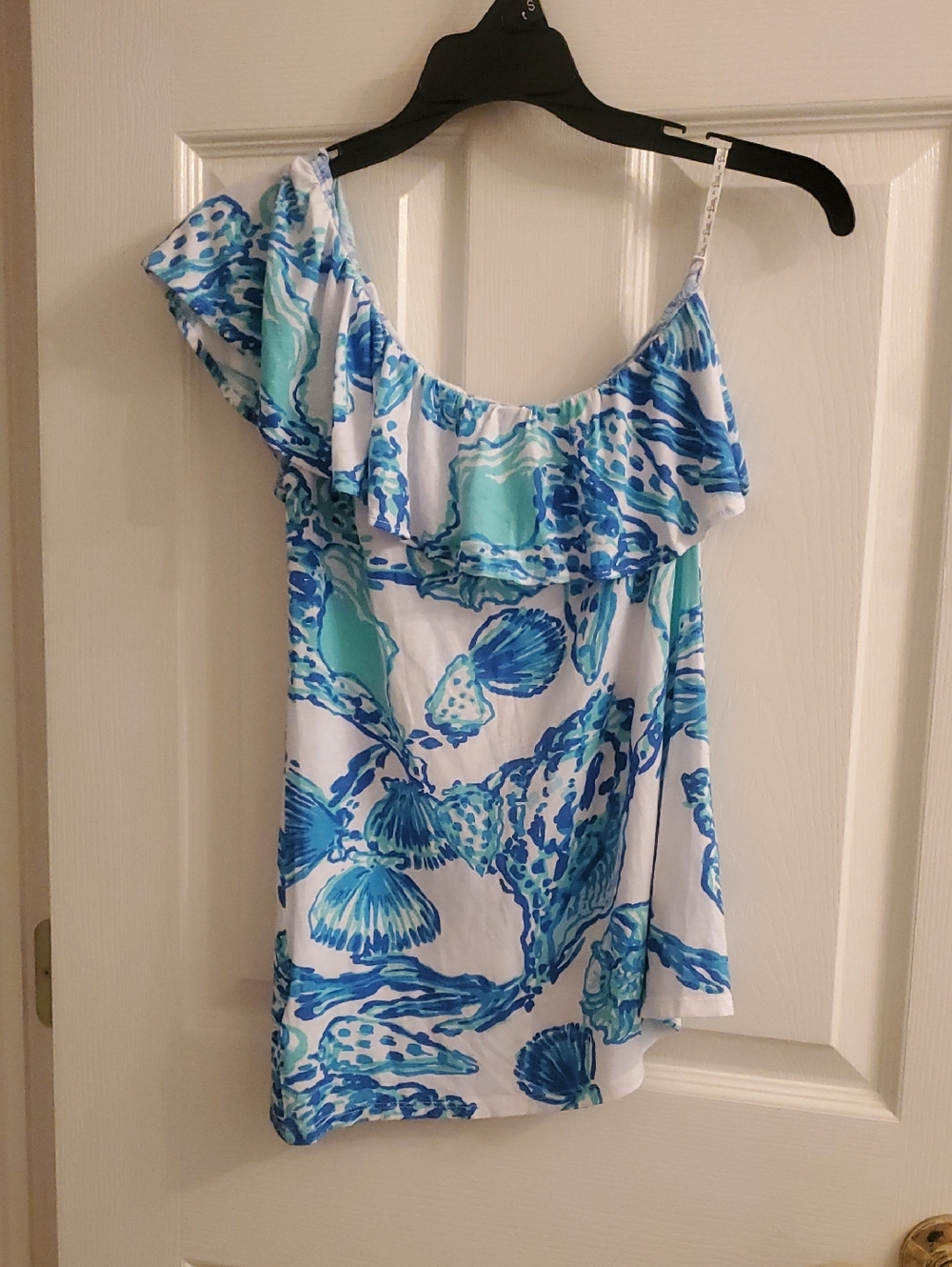 Lilly Pulitzer One-Shoulder Ruffle Shell Print Top - White with Blue & Aqua